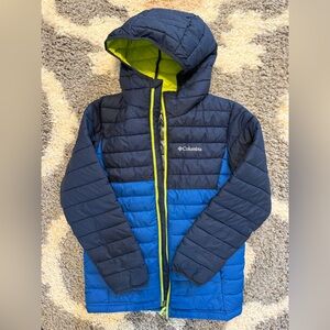 Columbia navy and blue Omni-heat Jacket with lime green accents